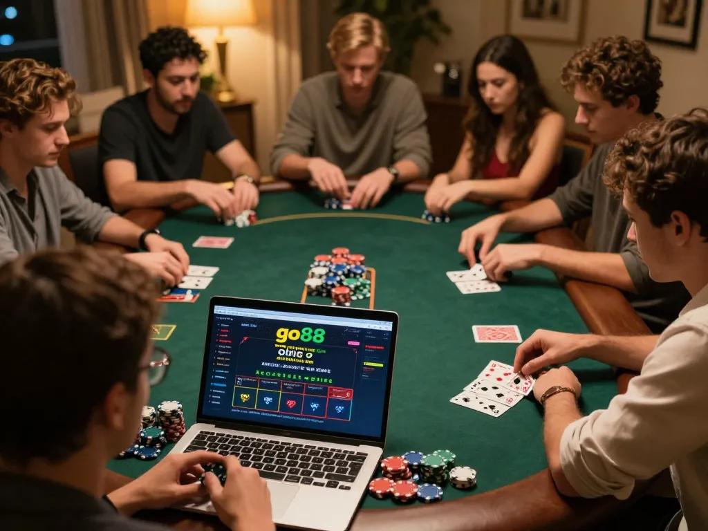 Players engage in strategic poker gameplay at a go88 online gambling night, showcasing focused expressions and a cozy atmosphere.