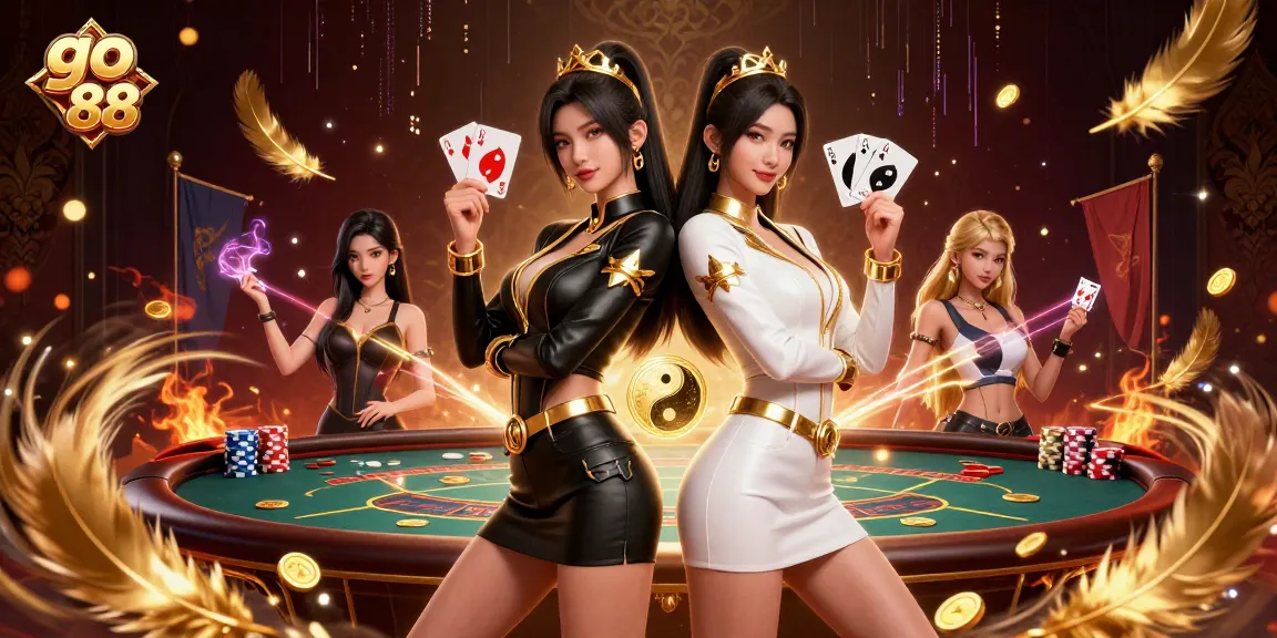 Experience the thrill of go 88 as twin Asian women face off with poker cards, surrounded by a dazzling casino atmosphere.