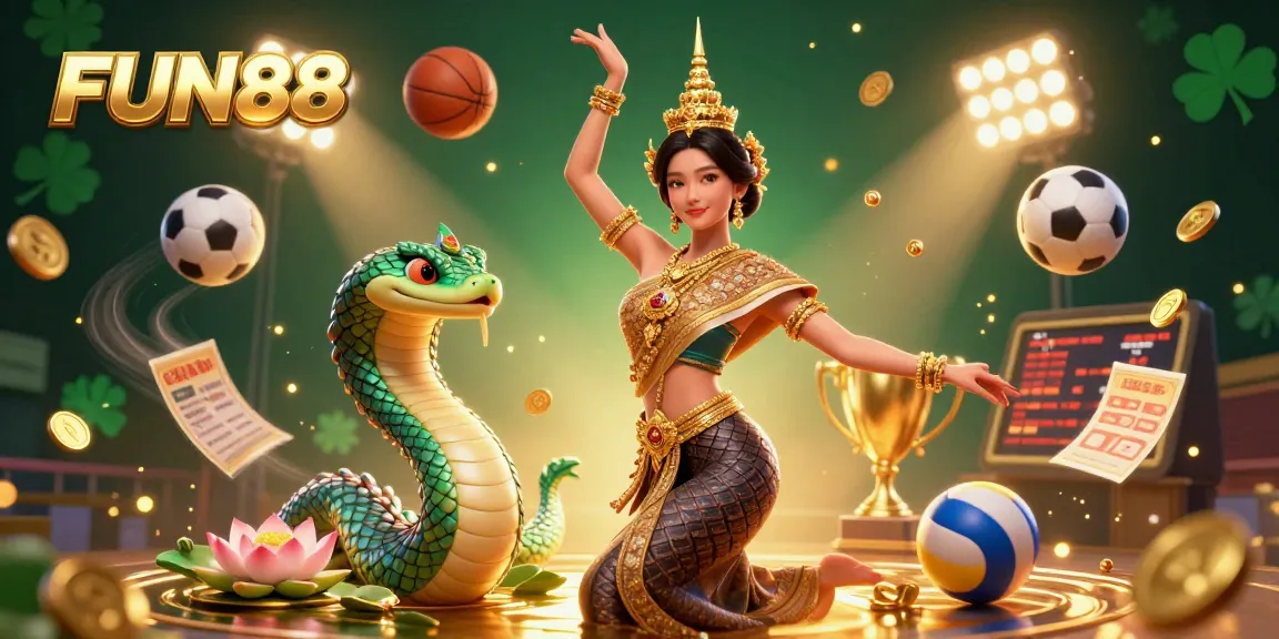 Experience thrilling betting with FUN88, showcasing an Asian woman in traditional attire with sports elements in a vibrant casino scene.