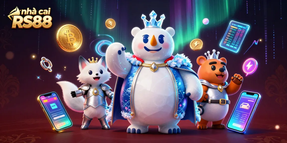 Engage with the diverse offerings of nhà cái RS88 through vibrant 3D illustrations of casino games and crypto elements.
