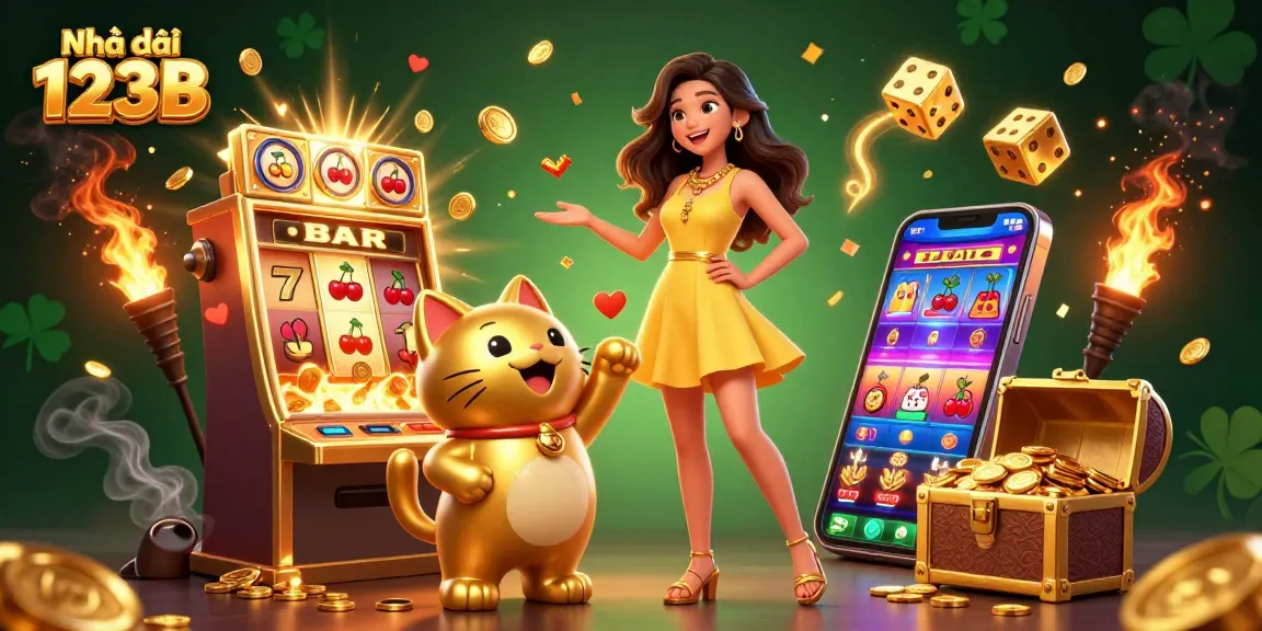 Engage with Nhà cái 123B as a beautiful Asian woman interacts with a lucky cat amidst vibrant casino elements.