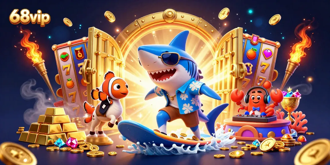 Surf the waves of fortune with 68vip in this dynamic 3D casino scene, featuring vibrant characters and gold coins!