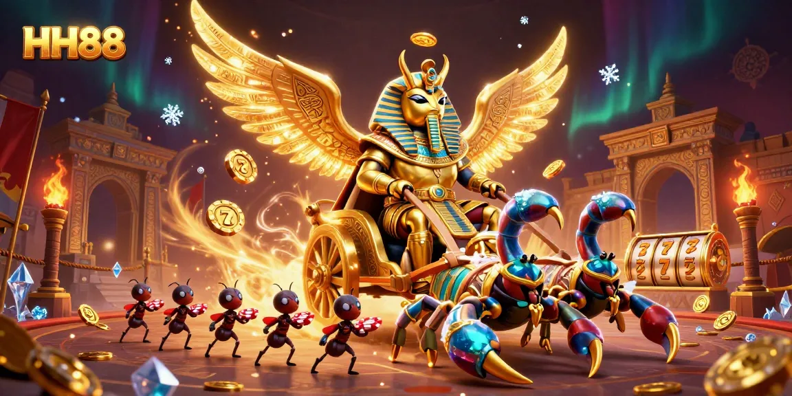 Experience the excitement of HH88 with slots, golden beetles, and scorpions in a dynamic casino scene.