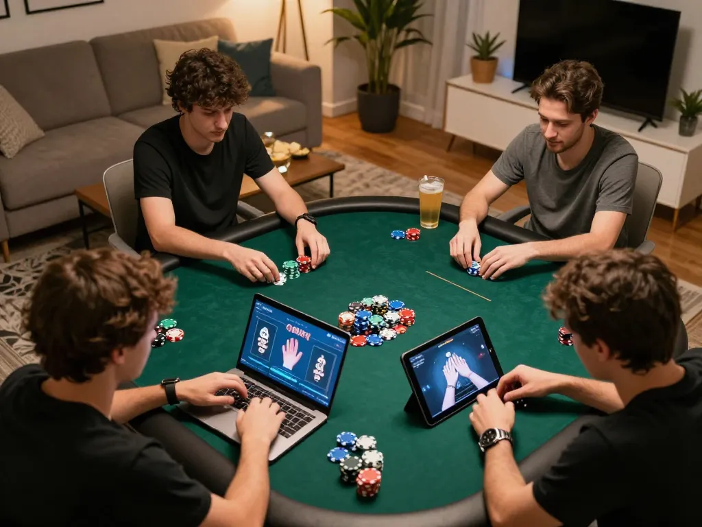 Household scene showing players engaged in online poker at nhà cái 33win, emphasizing gameplay and social interaction.