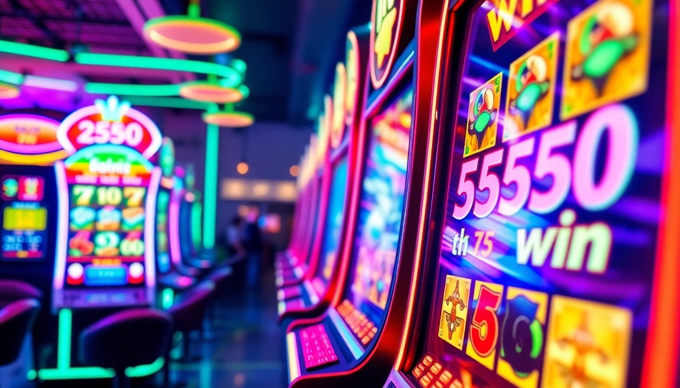 Exciting 555win slot machine scene with vibrant neon lights and coins, capturing the thrill of gaming.