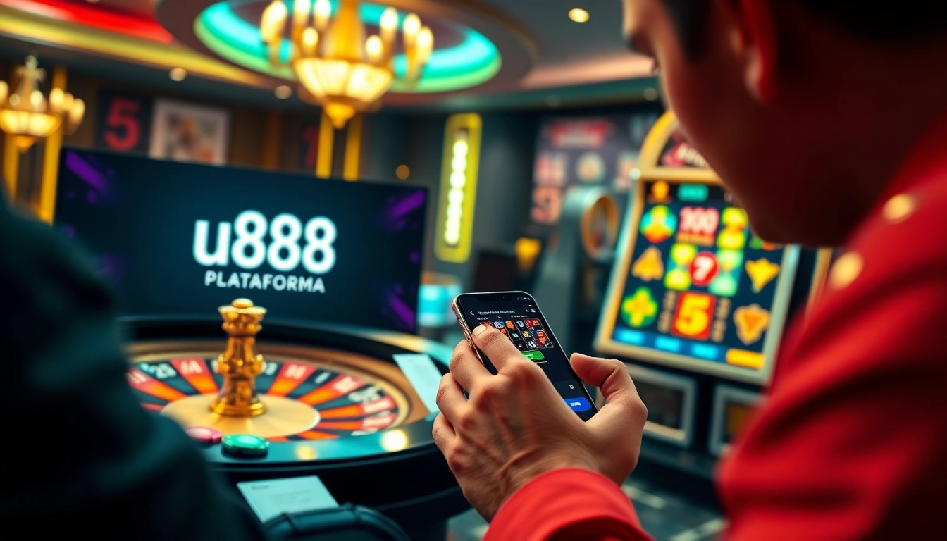 Jogador engajado utilizando a plataforma u888 em um smartphone em meio a elementos vibrantes de cassino.