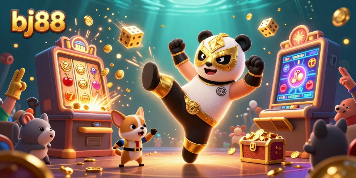 Experience exciting wins at bj88 with a 3D panda wrestler and vibrant casino elements in action.