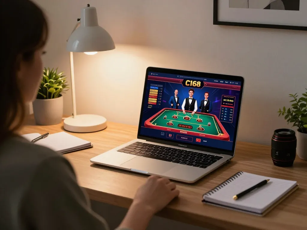 C168 casino gameplay in a stylish home office with laptop and live dealer game on screen, showing relaxed gaming atmosphere