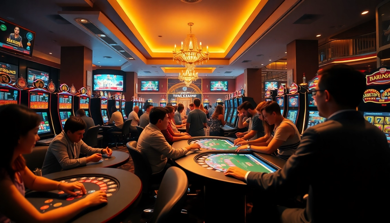 Twin68 online casino atmosphere with diverse players enjoying poker and blackjack games.