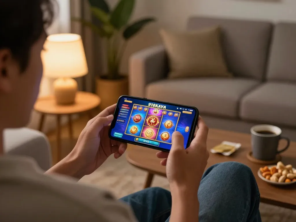 Engaging mobile play on 918Kaya slots in a cozy living room setting