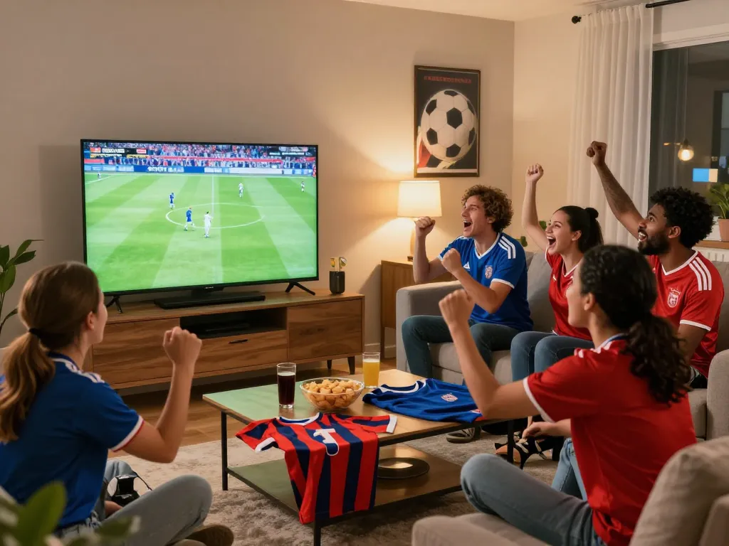 Fans enjoying a live football match from https://luongson117.tv/ in a cozy living room, creating an engaging atmosphere.