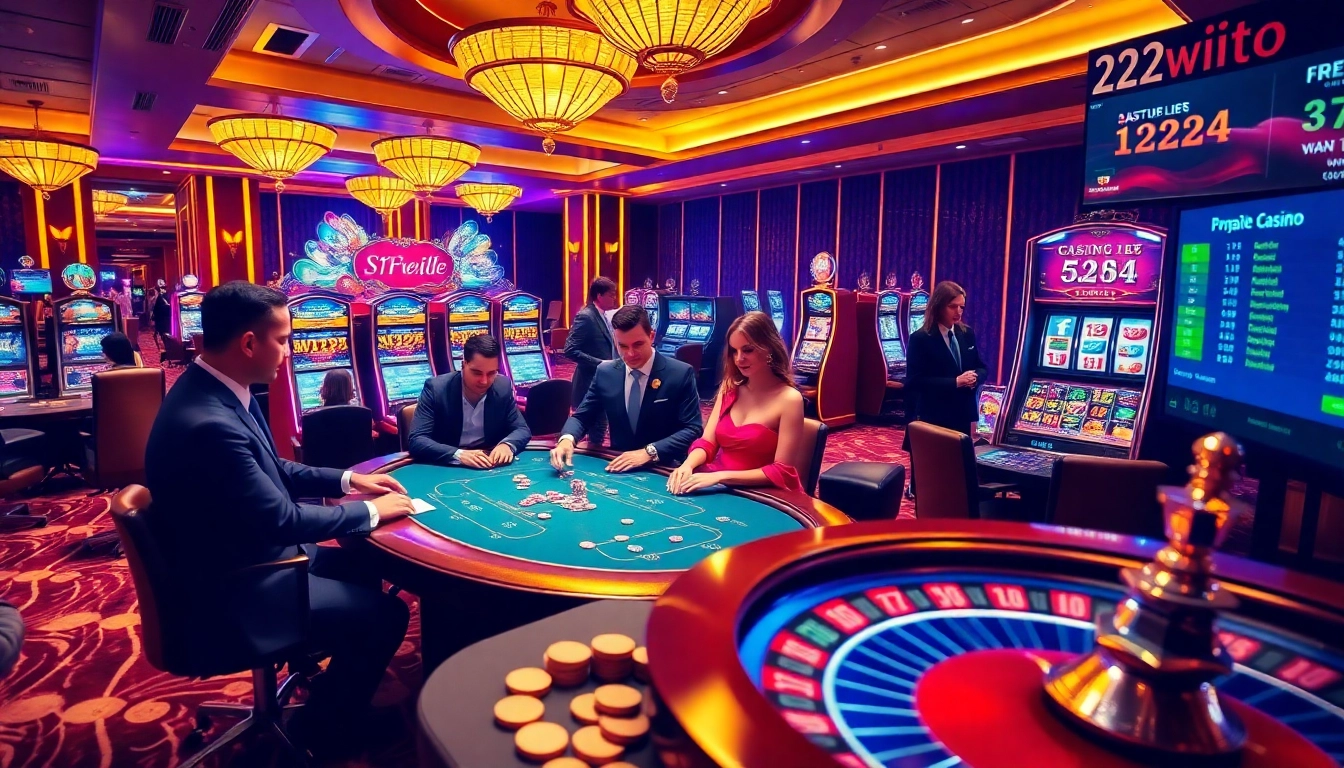 Exciting casino action at https://123win.to/ featuring poker tables, roulette wheels, and dynamic slot machines.