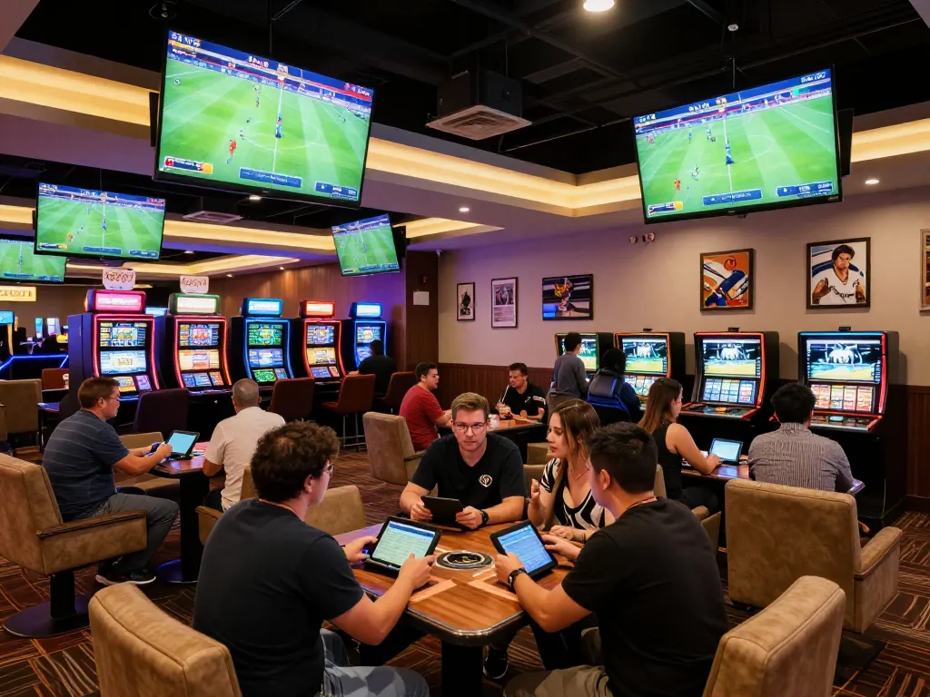 Players engaging in kèo nhà cái while placing bets on live sports in a contemporary betting lounge.