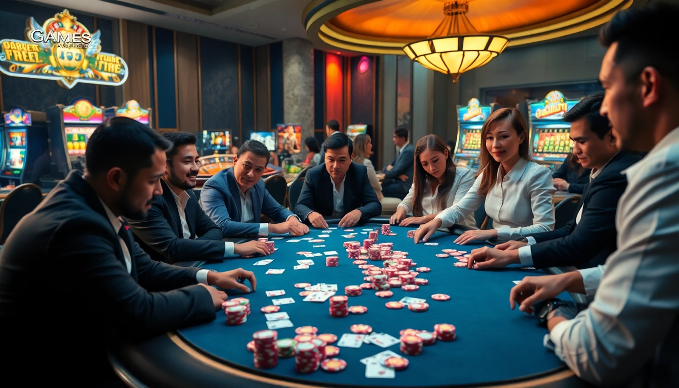 Experience the thrill at iq88 games with a vibrant casino scene featuring poker, roulette, and engaging players.