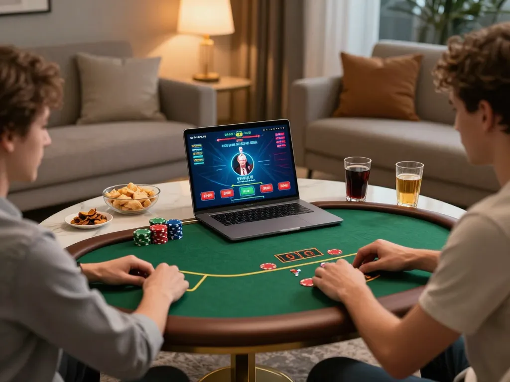 Kong88 players enjoying an engaging online poker game in a cozy living room atmosphere, focusing on strategy and social interaction