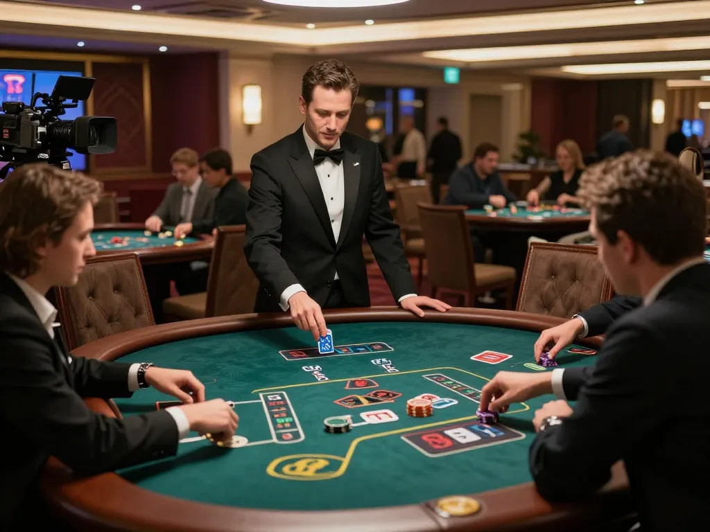 B52club players strategizing in a luxurious blackjack setting, glamour and excitement in a vibrant casino atmosphere.
