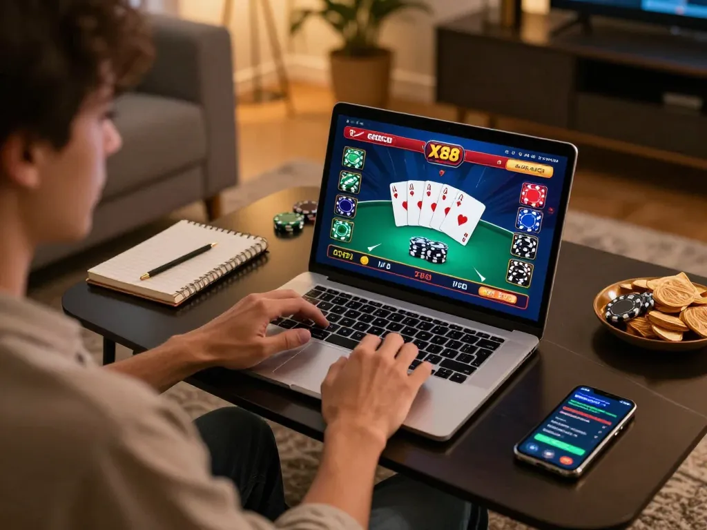 Experience the excitement of online gaming with X88 COM as poker hands unfold in a cozy living room setting.