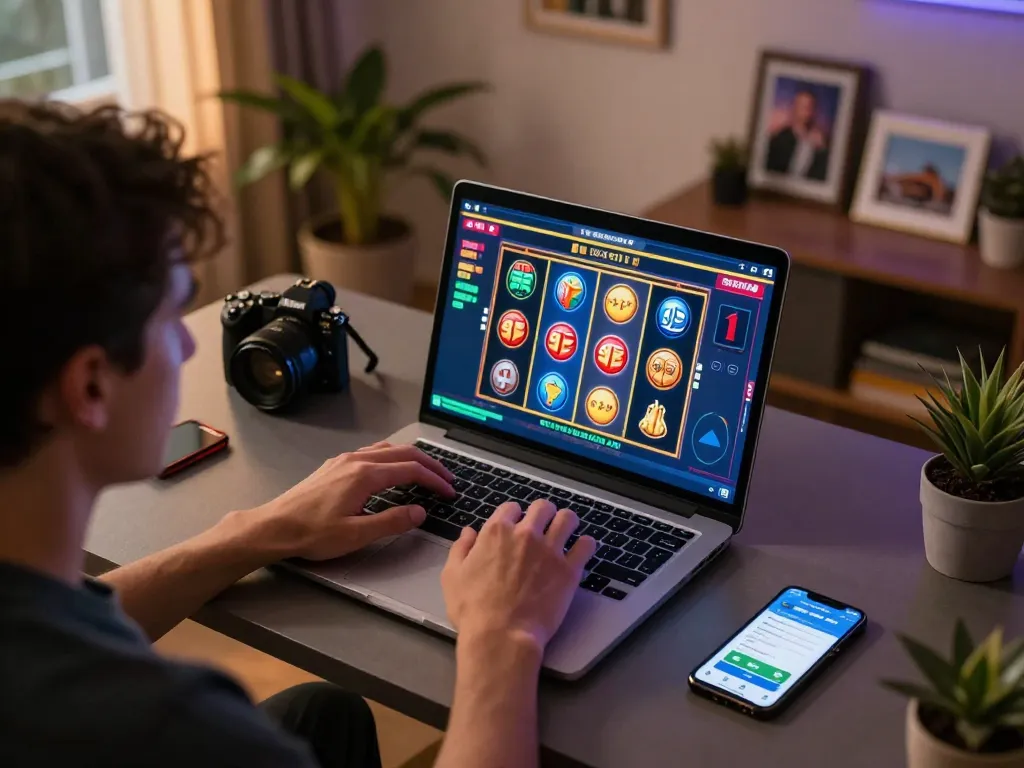 Engaging online gaming scene on https://f168biz.com/ with a player at home enjoying slot games on a laptop.