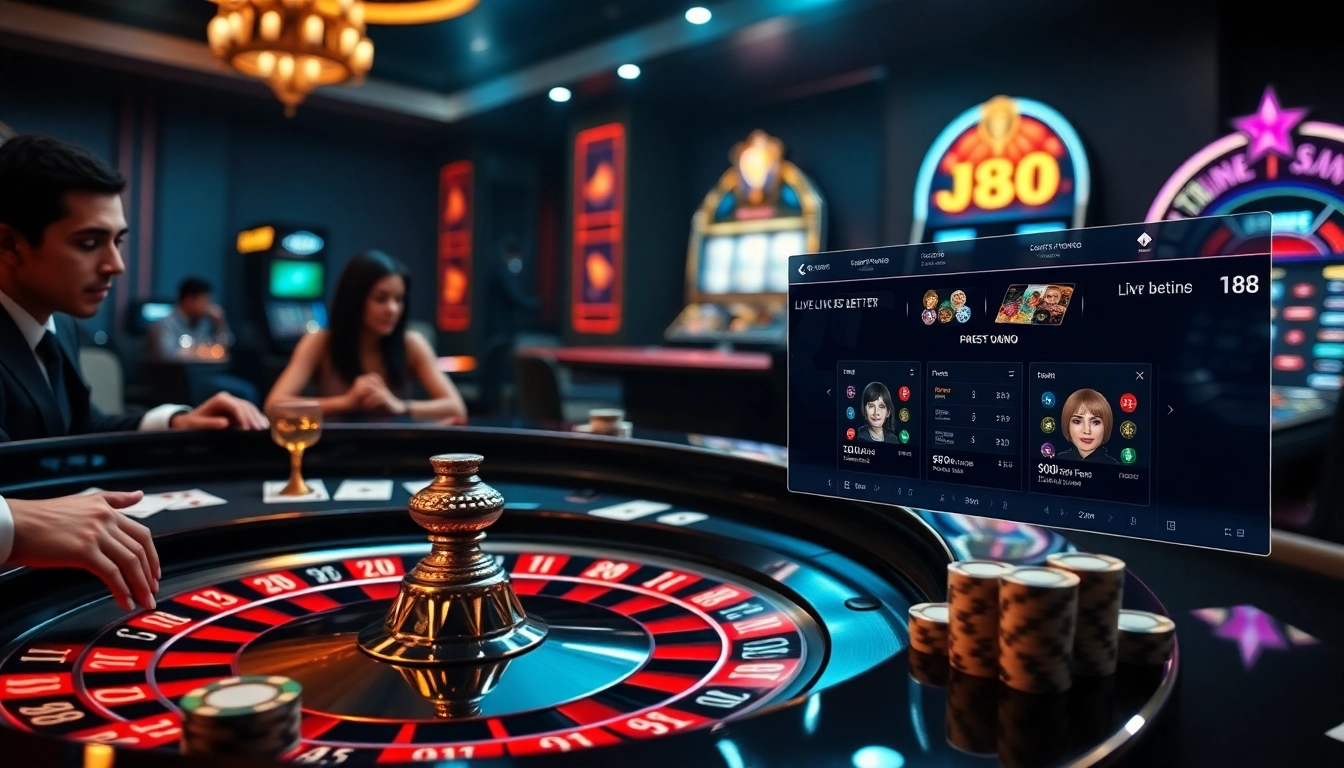 Exciting casino scene featuring J88, poker chips, and a roulette table illuminated by vibrant lights.