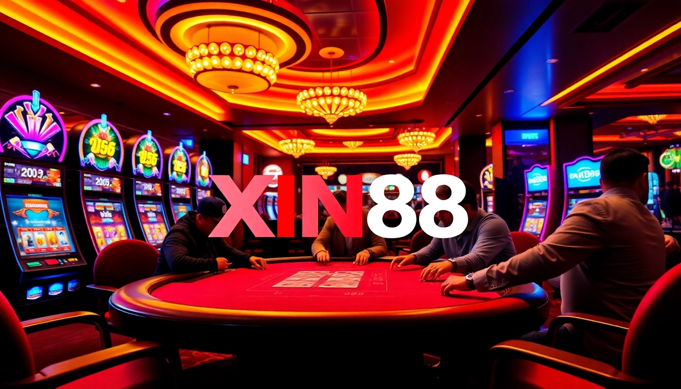 XIN88 online casino table with intense poker action and vibrant slot machines.