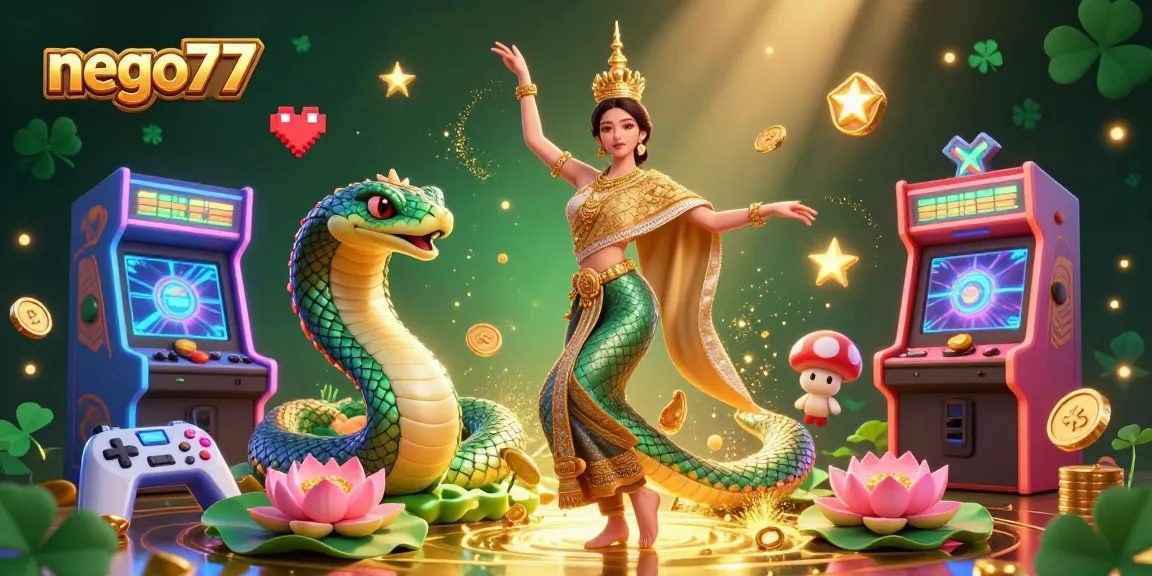 Experience gaming action with nego77 in a vibrant, 3D casino illustration featuring traditional elements and animated game motifs.
