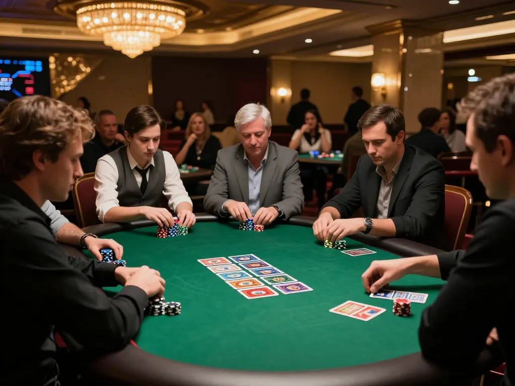 Players engaged in an intense poker game featuring 5679 chips and community cards, showcasing competitive gameplay.