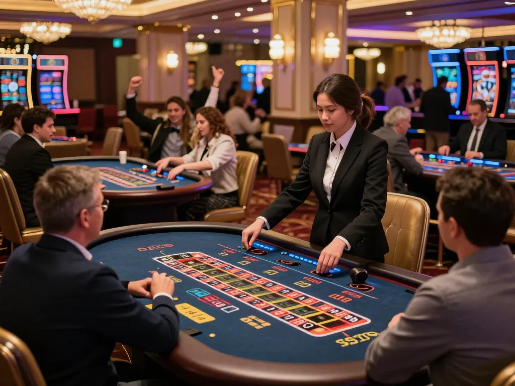 Players engaging at tables in a vibrant casino atmosphere representing online gaming at https://g28e.com/ with dealers and friends celebrating wins