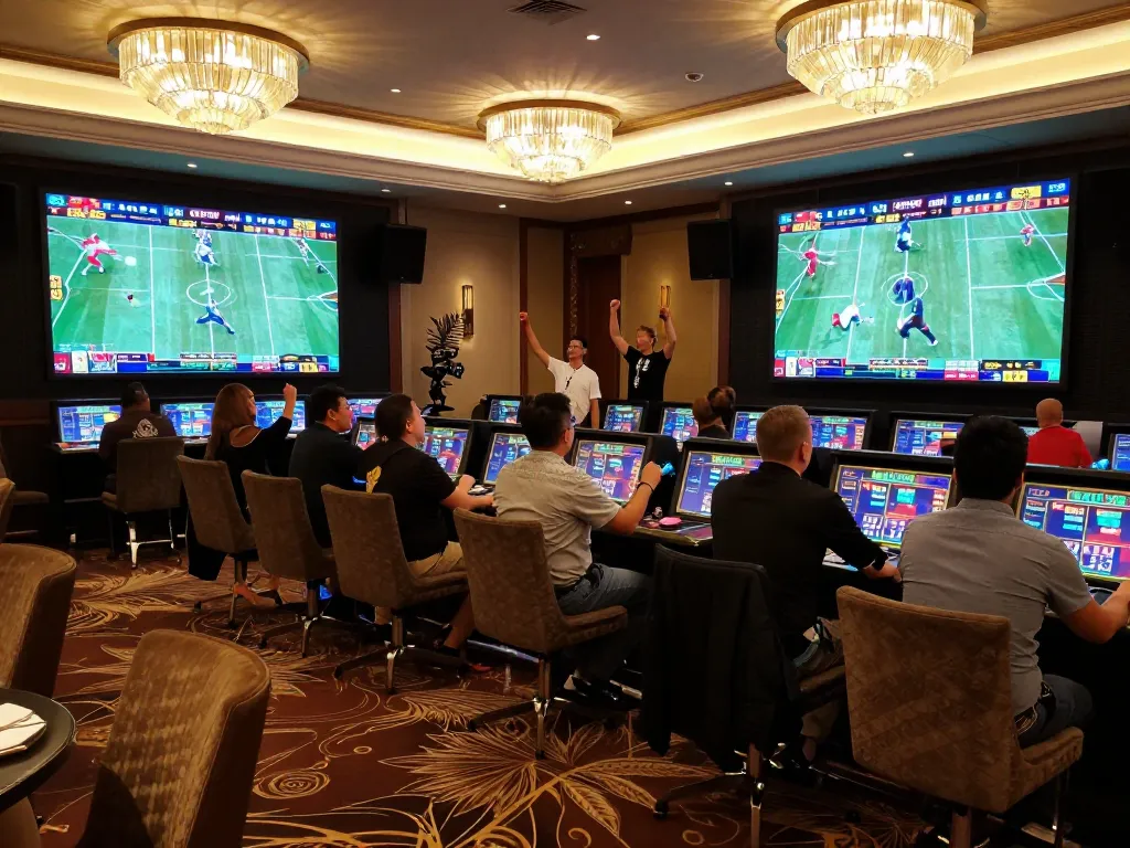 Fabet players engaging in sports betting action in an upscale casino environment