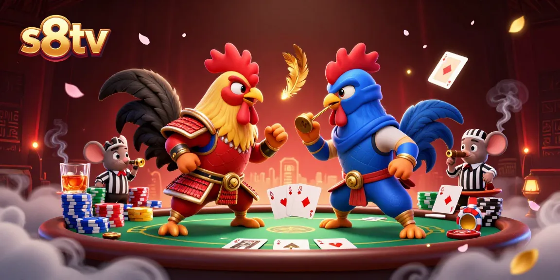 S8TV highlights an epic showdown between samurai and ninja roosters at a dynamic poker table.