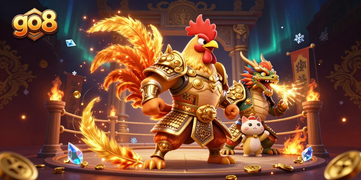 Experience thrilling battles in the go8 arena with a vibrant 3D illustration of rooster warriors and dragons.