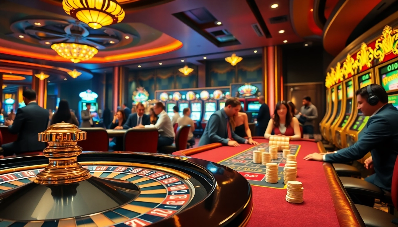 The dynamic gaming atmosphere at https://www.bdtk1.app/ featuring an elegant poker table, a spinning roulette wheel, and colorful slot machines.