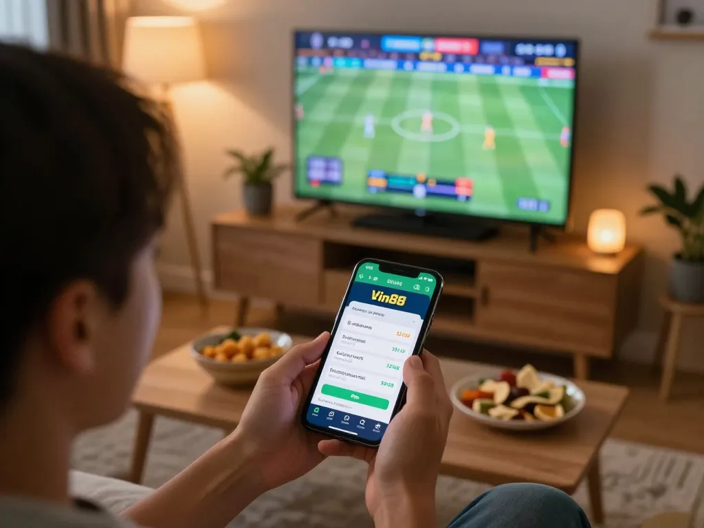 Person engaging with the Vin88 sports betting app on their smartphone while enjoying a sports watch party.