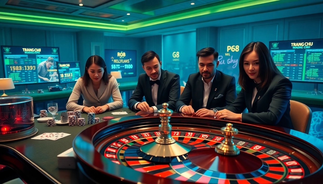 Engage with the luxury of gambling at Trang Chủ S8, featuring vibrant casino tables and excited players.