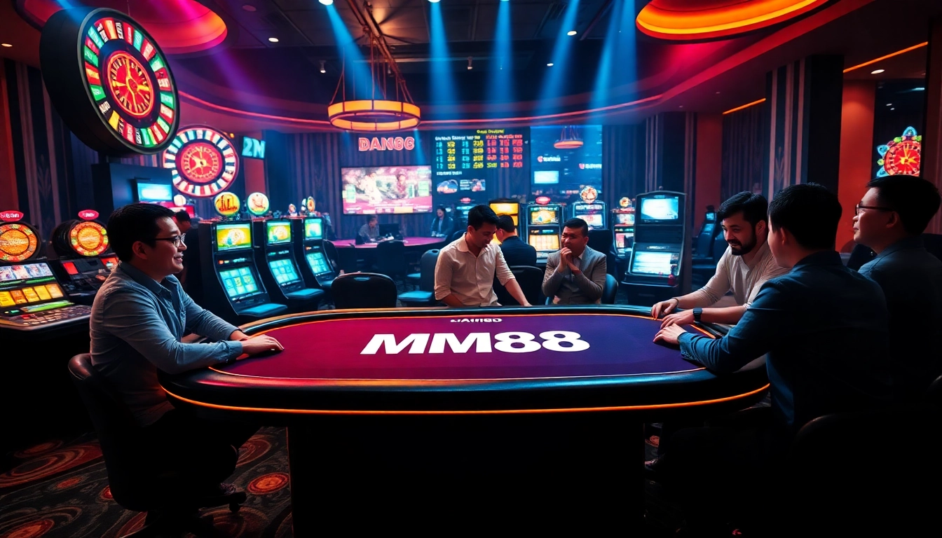 Excited players engaging at the MM88 branded poker table in a vibrant casino.