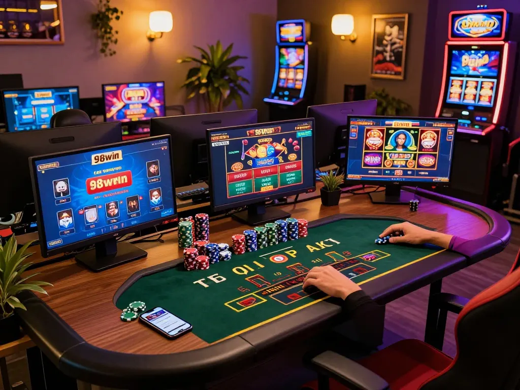 Engaged player exploring 98win online casino on multiple screens with strategic gameplay elements visible.