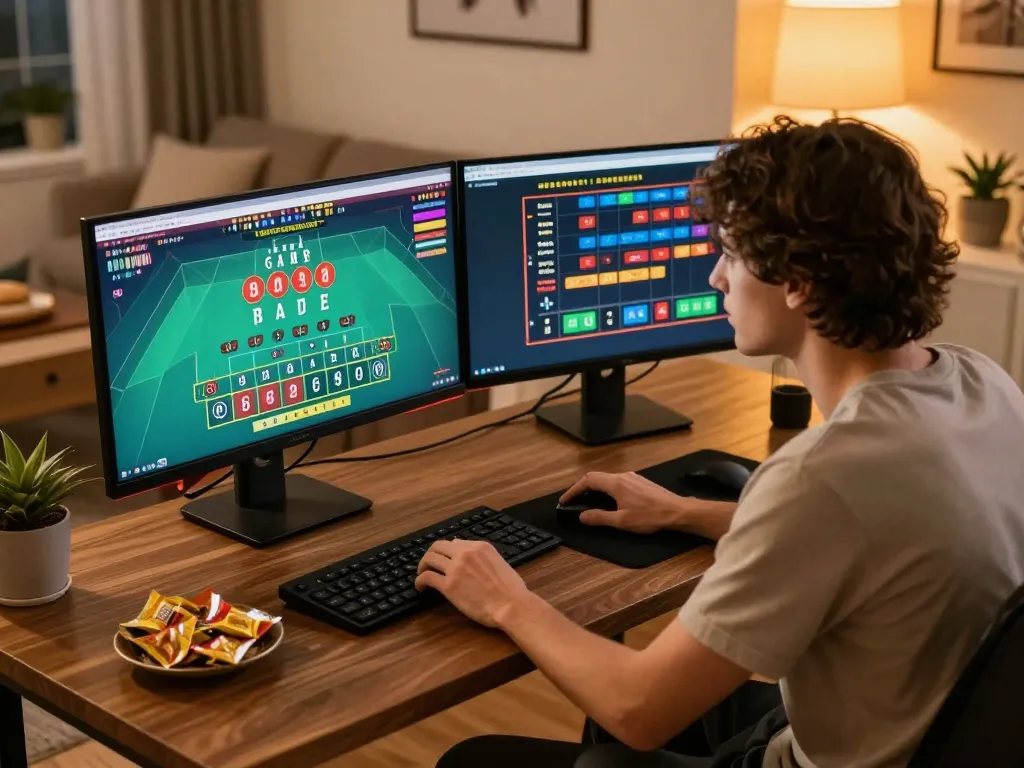 Engaged player strategizing bets on fun79 live casino game setup with dual monitors.