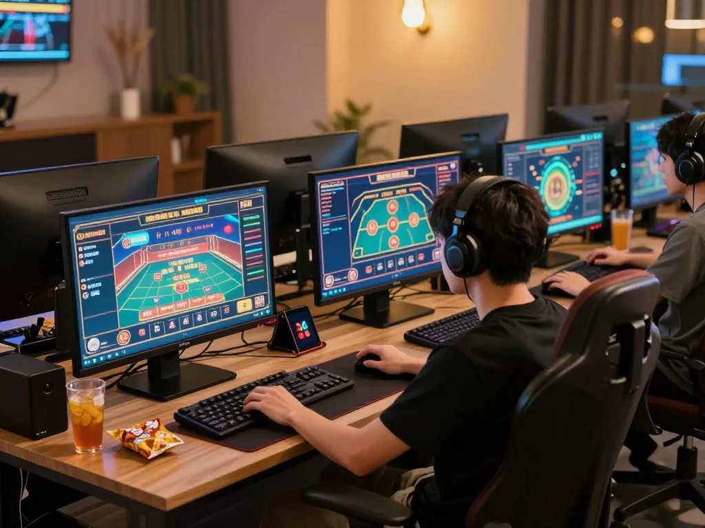 33win player engaging in strategic online gameplay at a professional gaming setup, showcasing casino games and focused atmosphere.