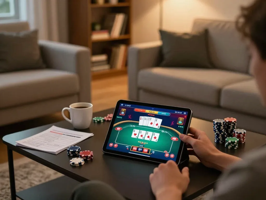 Engaged player enjoying online poker at https://hitclub.im/ with strategy notes on the table, cozy home setting.