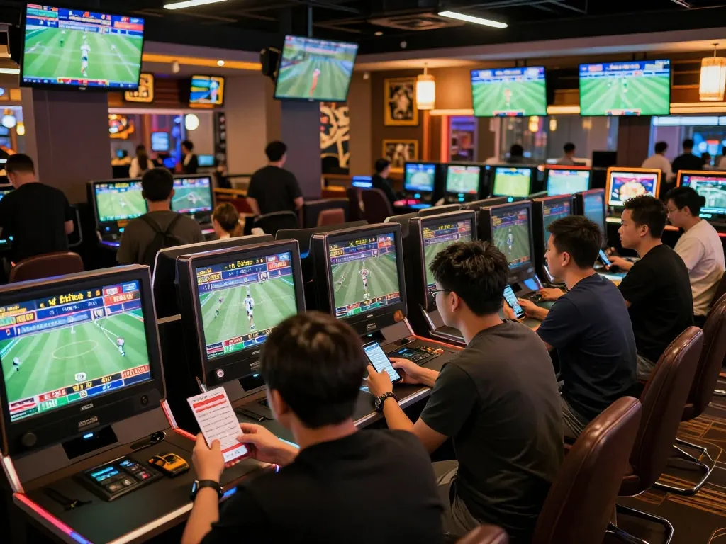 Engaged bettors analyzing live sports in a modern casino sports betting area featuring thể thao mb66 events.