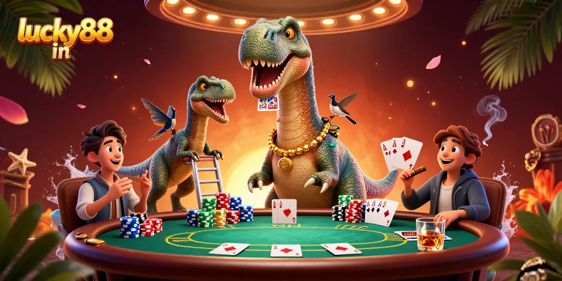 Engage with lucky88 in thrilling poker action featuring a towering dinosaur and dynamic card dealing