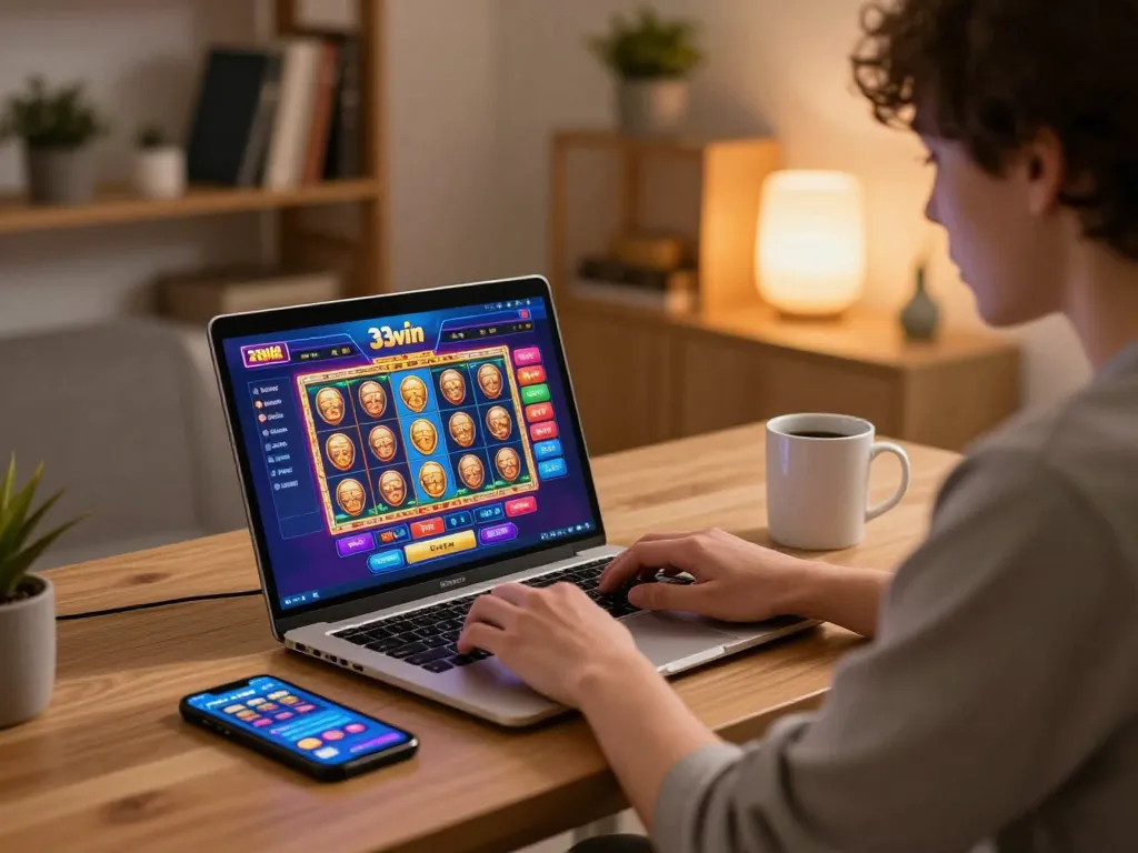 Player engaging with the 33win online casino interface on a laptop, creating a cozy gaming atmosphere.