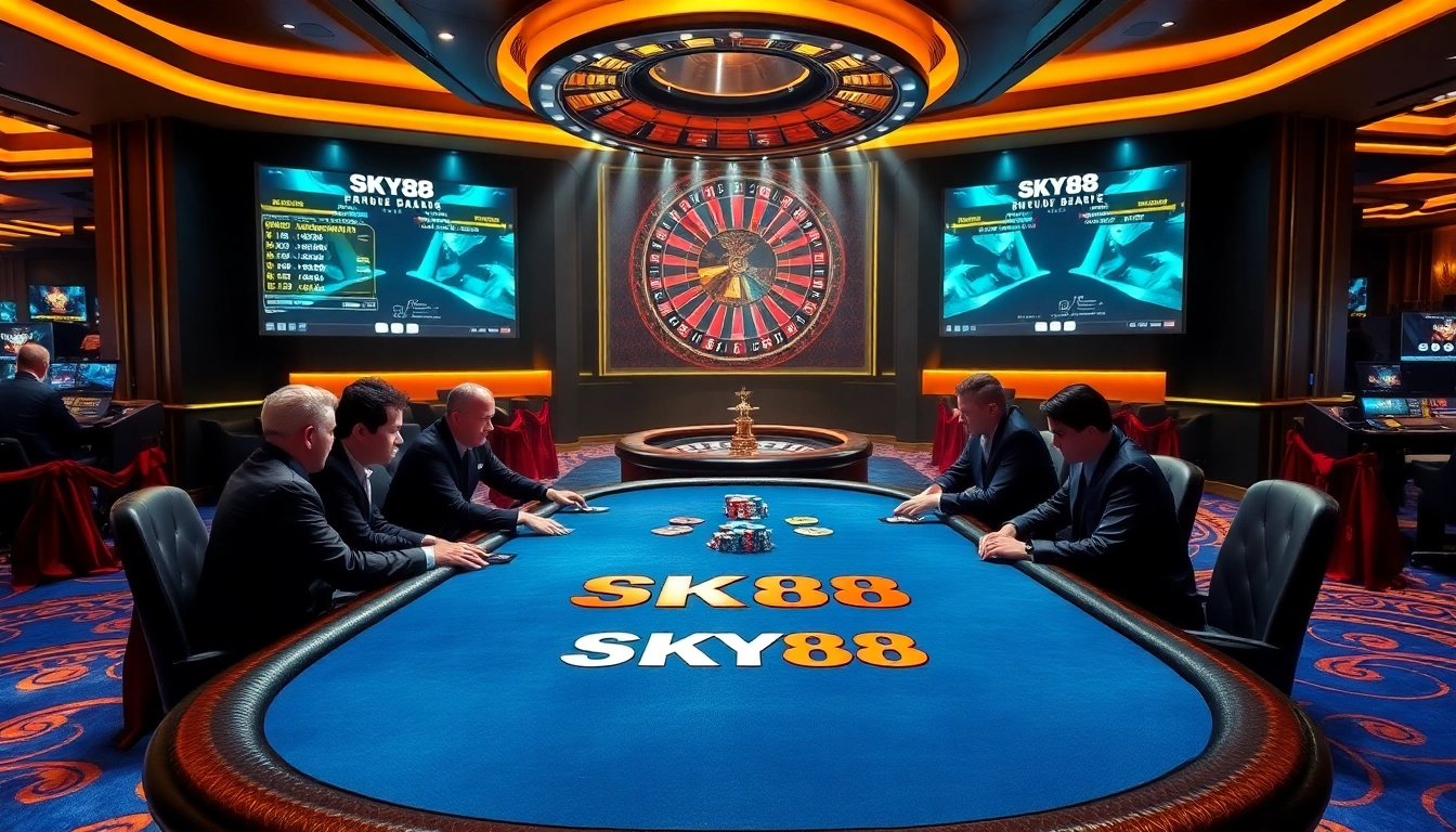 Engaged players at a luxurious SKY88 poker table in a vibrant casino setting.