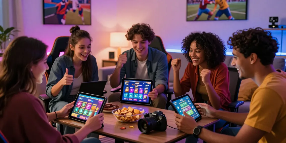 Engaging gaming moment with friends on https://proplay88.uk.com/ in a cozy living room setting, showcasing vibrant gaming icons and joyful atmosphere.