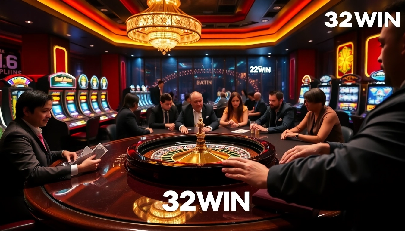 Experience the vibrant thrill of gambling at a casino with 32 WIN and professional players engaged in high-stakes poker.