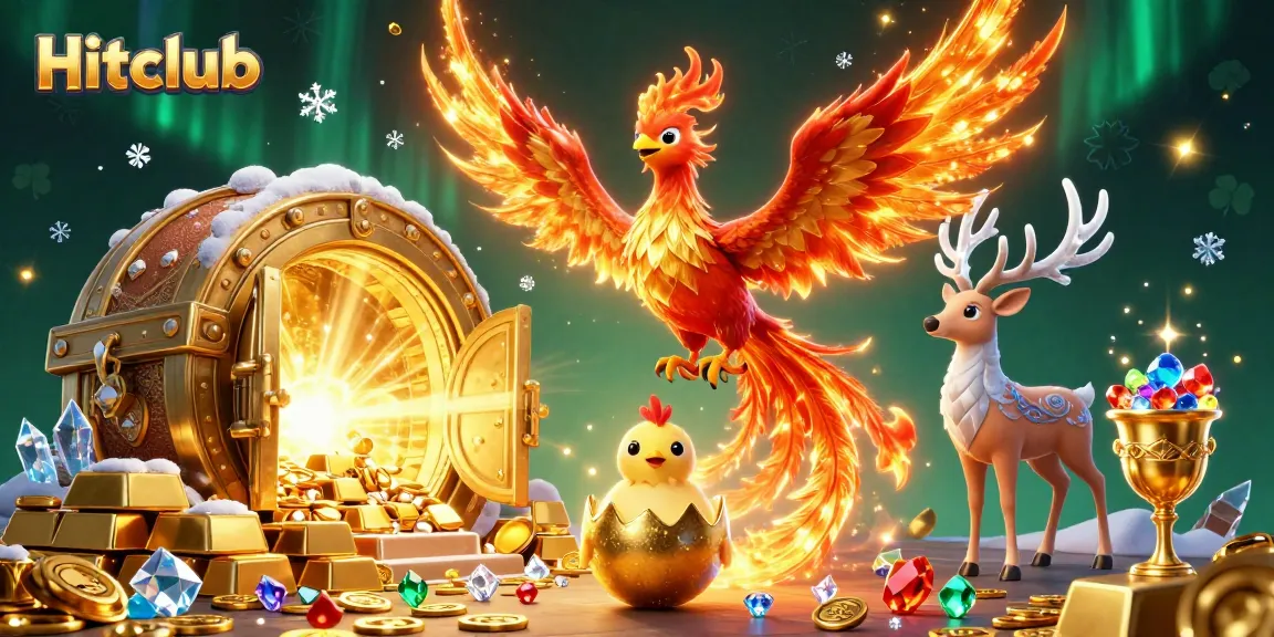 Experience the vibrant action at Hitclub with a majestic phoenix, golden treasures, and casino elements.