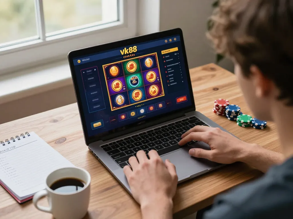 Engaging online gaming session at Vk88 chính thức with vibrant slot games and strategy notes.