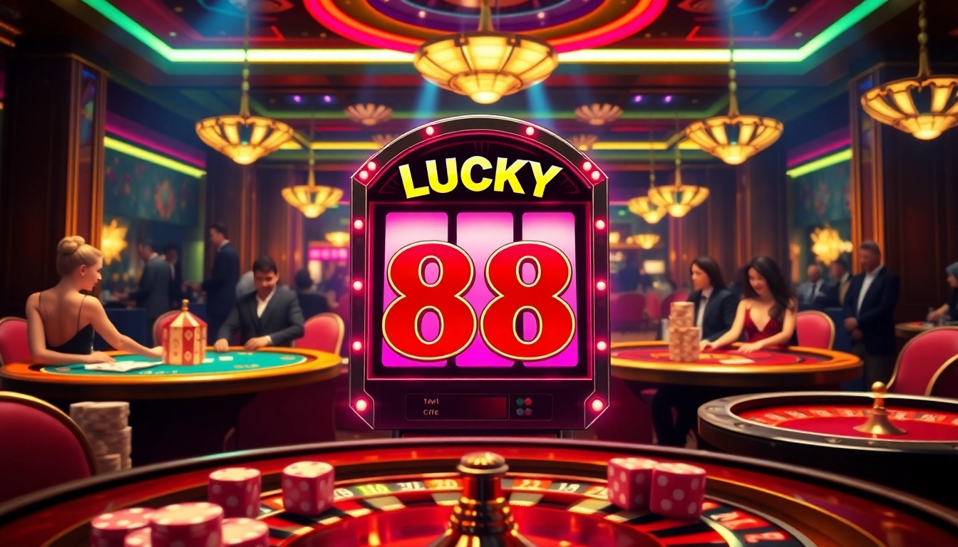 Experience a thrilling moment at the Lucky 88 slot machine in a glamorous casino setting, showcasing vibrant gaming elements.