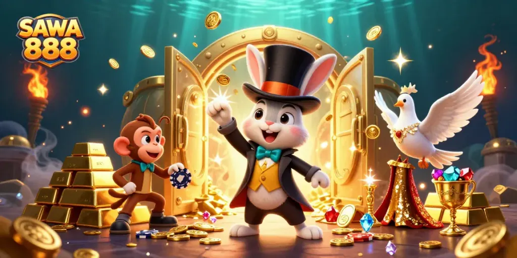 Experience excitement at SAWA 888 with a magician rabbit pulling coins, monkey stealing poker chips.
