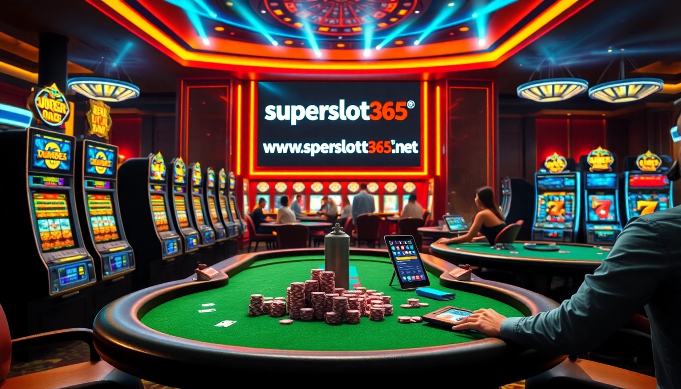 Exciting online casino scene at https://www.superslot365.net/ featuring vibrant slot machines and poker tables.