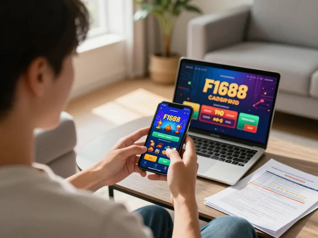 Engaging with the F1688 casino app on a smartphone in a cozy home setting while planning gambling strategies.